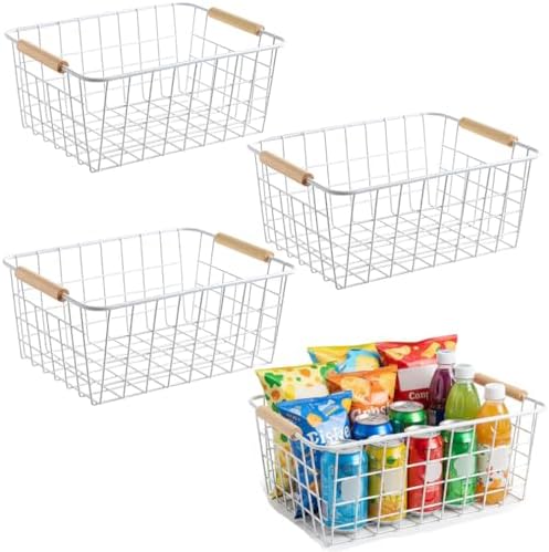 White Metal Wire Food Storage Basket with Wooden Handles for Organizing Snack Basket,Pantry Organizers and Storage for Kitchen Cabinets 4 Pack (Medium) by HDYOUDO