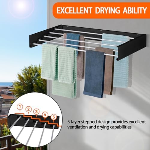 FOCHIER F Laundry Drying Rack Wall Mounted Clothes Drying Rack Collapsible with 5 Aluminum Rods and Drilling Template Long Screwdriver Bit 60 lbs Capacity (Black, 31.5") - Image 6