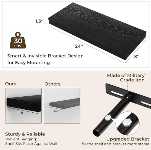 RICHFOCUS 24Inch Floating Shelves for Wall 2Pack, Black, 8" Deep - Image 3