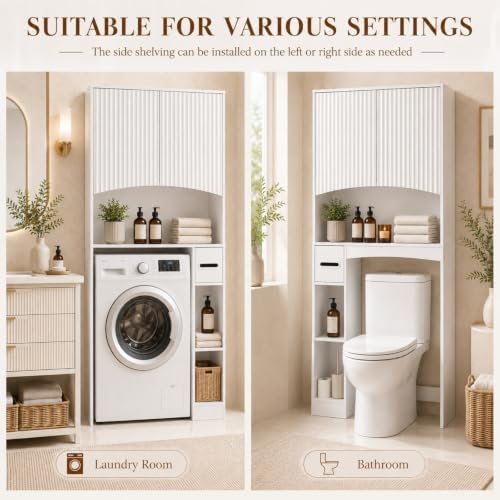 VINGLI Over-the-Toilet Storage Cabinet, 31.5" W White Bathroom Space Saver with Fluted Curved Doors, Adjustable Shelf, Reversible Side Shelving, Toilet Paper Holder and Anti-Tip Kit - Image 6