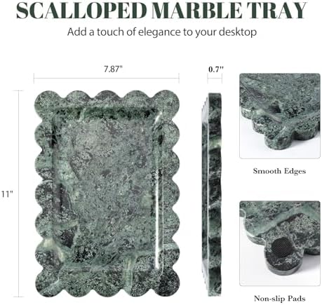 Koville Scalloped Marble Tray, 11"x8" Marble Vanity Tray for Countertop Bathroom Kitchen Dresser, Natural Stone Tray for Jewelry Perfume Home Decor, Decorative Catchall Trays(Green) - Image 2