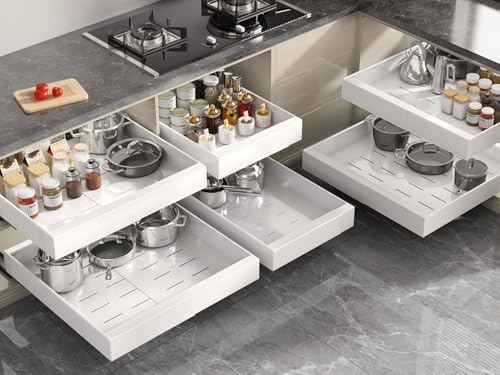 Seinloes 6 Pack Pull Out Cabinet Organizer 21" Deep,Full Extension 3 Slide Rails Slide Out Drawers With Raising Pad for Framed Cabinets,Expandable Width (12.3"-20.5"),No Drill Roll Out Shelves,White by Seinloes