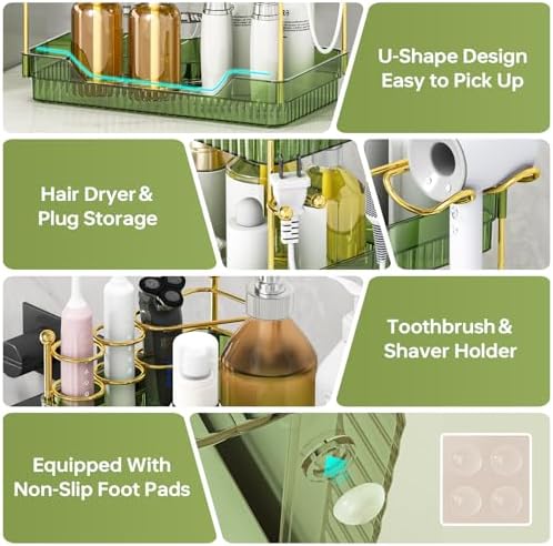Bathroom Counter Organizer with Hair Dryer Holder and Toothbrush Holder, Acrylic Vanity Tray for Skincare, Perfume, Makeup Storage on Countertop ＆ Dresser (Green, 3-Tier) - Image 4