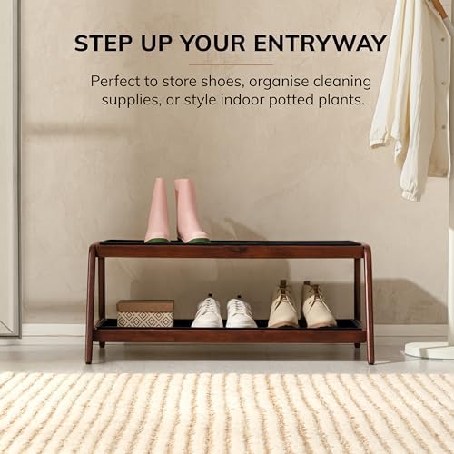 Anji Mountain Heavy Duty Waterproof Wooden Shoe Storage Mat Organizer/Boot Storage Tray Multi Use for Entryway with Coir, Tan and Black Trellis Insert, 2 Tier, Fits 6 Pair (36.5" Wide) - Image 2