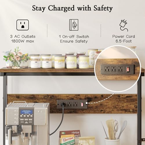SUPERJARE Bakers Rack with Power Outlets, Microwave Stand, 39.4 X 14.3 Inch Larger Desktop, Kitchen Storage Rack with Adjustable Middle Shelf, 6 S-Shaped Hooks, Coffee Bar Stand, Rustic Brown - Image 3