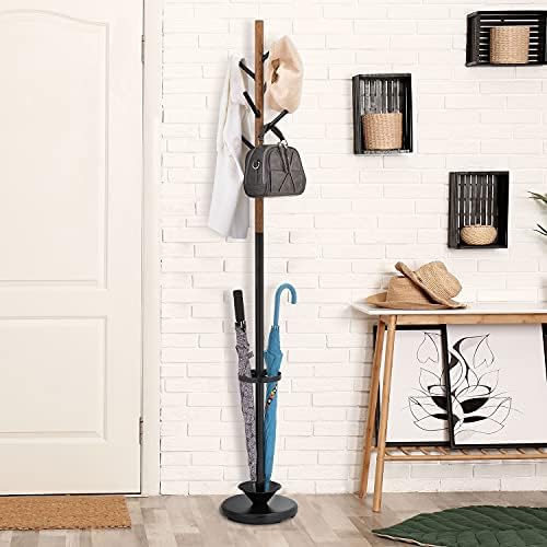 MyGift Freestanding Metal Entryway Coat Rack and Umbrella Stand with Sturdy Round Base and 6 Faux Wood Hanger Hooks - Image 2