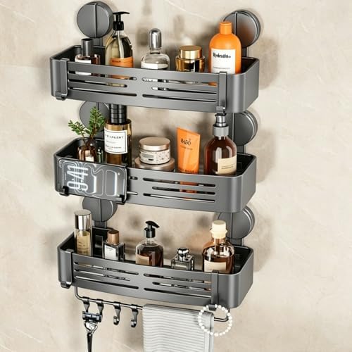 VOLPONE Shower Caddy Suction Shower Shelf No Drilling Shower Organizer Suction Cup Shower Storage Rack Aluminum Wall Mounted Shampoo Holder with Towel Bar Hooks (3-Pack, Matte Gray) by VOLPONE