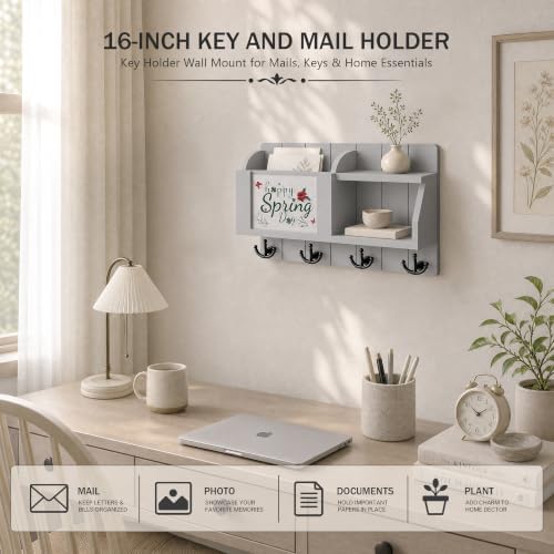 Rebee Vision Key Holder Wall Mount with Mail Organizer for Entryway, Gray - Image 3