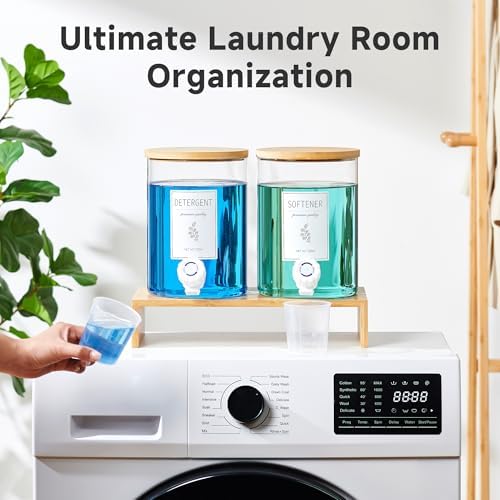 Glass Laundry Detergent Dispenser with Shelf & Bamboo Lid - 120 Oz Liquid Detergent, Laundry Soap & Fabric Softener Dispenser for Laundry Room Organization and Storage with 2 Cups & 8 Labels - Image 6