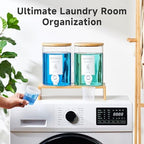 Glass Laundry Detergent Dispenser with Shelf & Bamboo Lid - 120 Oz Liquid Detergent, Laundry Soap & Fabric Softener Dispenser for Laundry Room Organization and Storage with 2 Cups & 8 Labels - Image 6