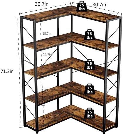 Shintenchi 5 Tier Corner Bookshelf, L Shaped Large Bookcase, Rustic Brown - Image 2