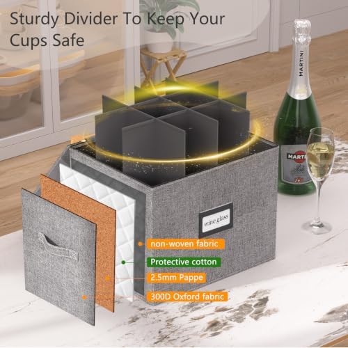 2 Pack Stemware and Glassware Storage Cases - Hard Shell Protection with Dividers for 24 Glasses, Stackable Moving Storage Container with Label & Handles - Crystal Glass - Dark Gray - Image 4