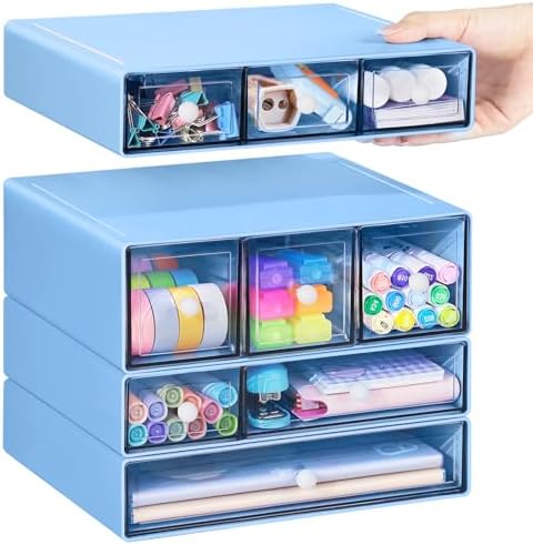 Desk Storage Organizer with 9 Drawers, 4 Tiers Stackable Desktop Craft Storage Drawers, Clear Storage Box Caddy for Stationary Makeup Jewelry Office Craft Supplies (Blue) by FODIENS