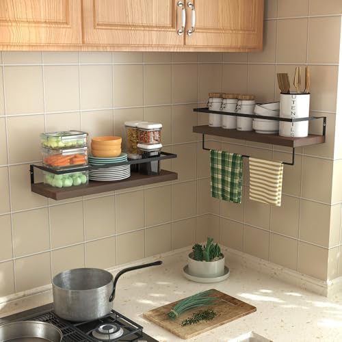 Wood Floating Shelves Wall Mounted - 2+1 Tier Rustic Bathroom Wall Shelves Over Toilet with Towel Bar, Natural Wood Set of 2 Farmhouse Floating Shelf for Bathroom, Kitchen, Bedroom, Dark Brown - Image 4