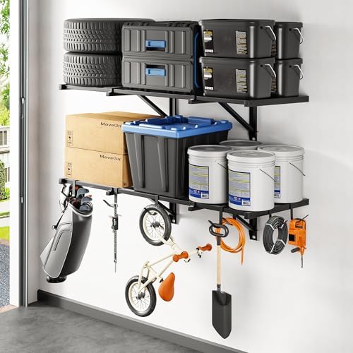FLEXIMOUNTS 2-Pack 2x4ft Garage Wall Shelving, 8 Hooks, Heavy Duty, Black by FLEXIMOUNTS