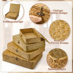 Didaey Set of 4 Seagrass Basket with Lid Wicker Storage Basket Decorative Storage Boxes with Lids Flat Storage Bins Woven Organizer Baskets for Shelf Closet Bedroom, 4 Sizes (Yellow) - Image 3
