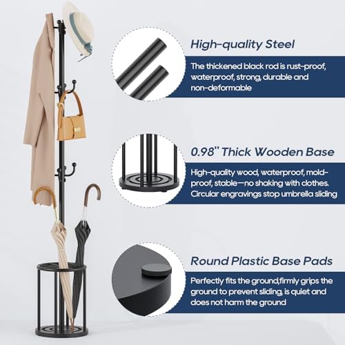 Coat Rack Freestanding, Black Coat Rack with Umbrella Holder, standing hat rack umbrella stand for entryway, coat hanger stand with 12 Hooks, office coat tree for Hat, Umbrella, jacket, Bag, Clothes - Image 5