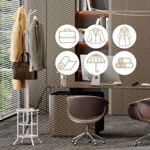 Coat Rack Freestanding with Umbrella Holder – Metal Hanger Stand, Hall Tree with 12 Hooks, Entryway Organizer for Hats, Bags, and Clothes (White) - Image 7