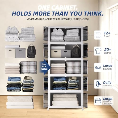 SAILUN 666QT/166Gal Stackable Storage Bins with a Lid, Collapsible Storage Bins with Doors, Folding Cabinet for Home Closet Organization,5 Pack-28 W x 18" D x 76.4" H White - Image 5