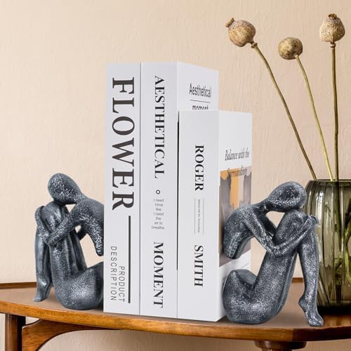 Grey Book Ends Decorative, Girl Thinker Design, Modern Bookends for Shelves, Non-Skid Heavy Duty Resin Book Stopper for Books, Resin, 1Pair/2Piece - Image 6
