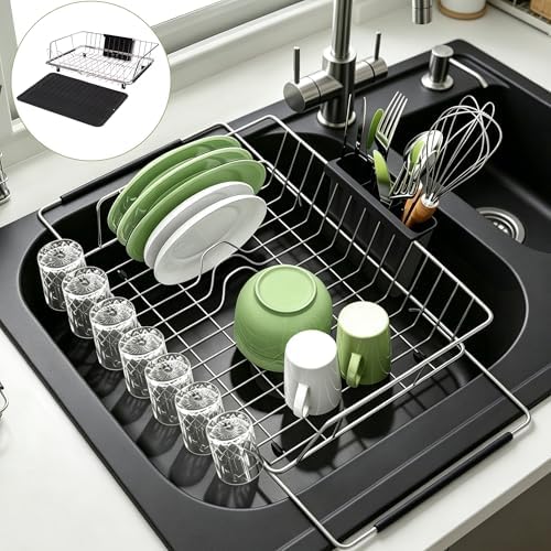in Sink Expandable Dish Drying Rack with Silicone Mat-Extra Large Stainless Steel Dish Drainer Over The Sink with Utensil Holder, Applicable for Sink Width 16'-22' (Silver,23.2'*12.2') by HAYAWEY