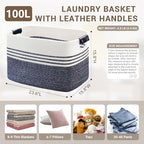 100L Woven Laundry Basket Hamper with Leather Handles,Denim Blue - Image 2