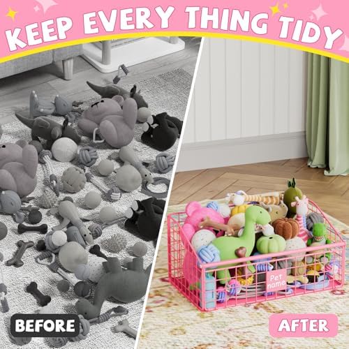 Kaiferty Indestructible Dog Toy basket, Medium Toy Box for Dogs,Pet Toy Bin Dog Metal Basket for Toys, Toy Storage Organizer, Living Room Area (Pink) - Image 5