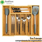 EcoFives Bamboo Silverware Organizer, Expandable Kitchen Drawer Organizer for Cutlery, Wooden Utensil Holder, Multi-Function Drawer Storage, 5-7 Compartments - Image 2