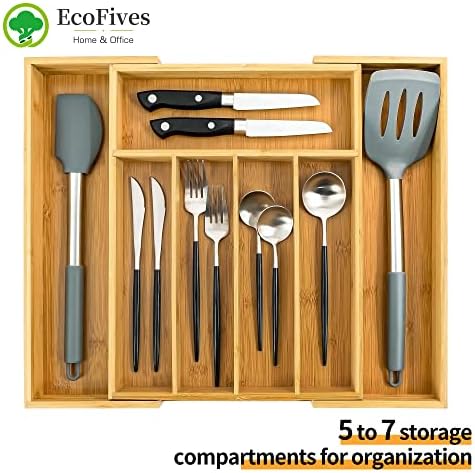 EcoFives Bamboo Silverware Organizer, Expandable Kitchen Drawer Organizer for Cutlery, Wooden Utensil Holder, Multi-Function Drawer Storage, 5-7 Compartments - Image 2