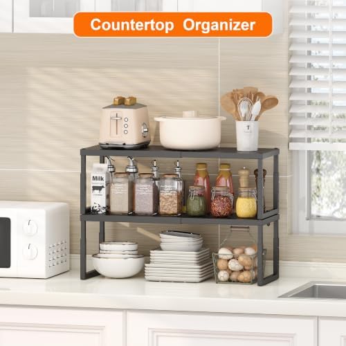 RUILALIFE Expandable-Stackable-Shelf-Organizer-For-Cabinet Pantry Closet,Kitchen Counter Shelf With Adjustable Height, Metal Storage Shelf Riser Spice Rack For Cupboard Countertop - Image 2