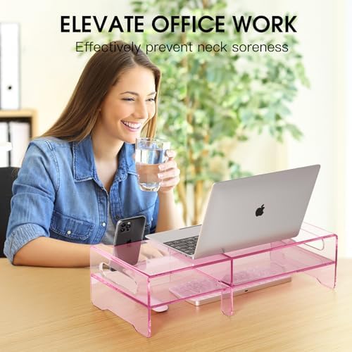 Pink Acrylic Monitor Riser, 2-Tier Desk Computer Stand With Storage & Phone Holder - Image 4