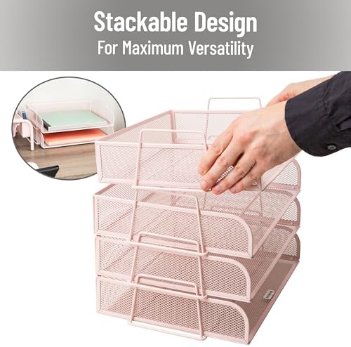 Mind Reader Stackable Paper Tray, Desktop Organizer, File Storage, Office, Metal Mesh, 4 Pcs., Pink - Image 4
