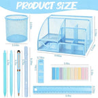 Blue Office Supplies, 17Pcs Blue Desk Accessories Set Include Stapler, Mesh Desk Organizer, Tape Dispenser, Staple Remover, Pen Holder, Clips, Pens, Ruler, for Office Home School Women Students Gift - Image 2