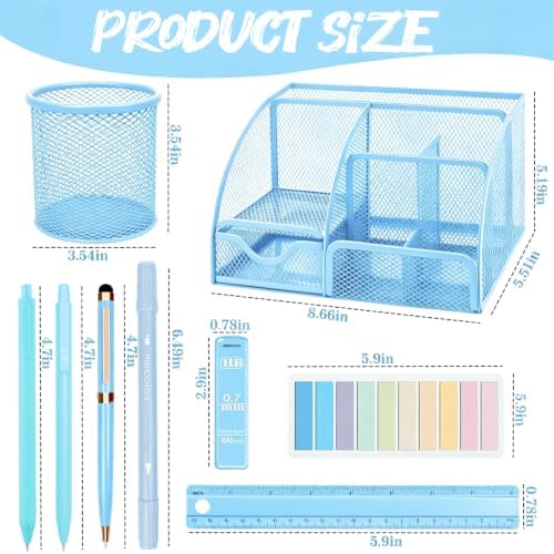 Blue Office Supplies, 17Pcs Blue Desk Accessories Set Include Stapler, Mesh Desk Organizer, Tape Dispenser, Staple Remover, Pen Holder, Clips, Pens, Ruler, for Office Home School Women Students Gift - Image 2