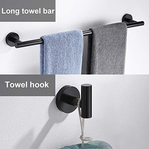 6 Pieces Matte Black Bathroom Hardware Accessories Set Hand Towel Ring 16&23.6 inch Round Towel Bar Silver Toilet Paper Holder Towel Hooks 2 Pieces SUS 304 Stainless Steel,Heavy Duty,Wall Mounted - Image 3