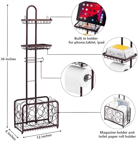 Oasis Creations Toilet Paper Holder Tissue Rack Stand with Magazine Toilet Roll Storage Basket- Freestanding, Bronze Metal - Image 4