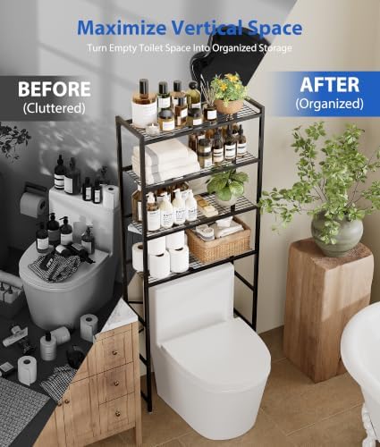 4-Tier Over The Toilet Storage Rack, Bathroom Organizer with One-Piece Metal Mesh Shelves, Over Toilet Shelf with Adjustable Feet & Anti-Tip Kit, Space-Saving Bathroom Storage, Black - Image 5