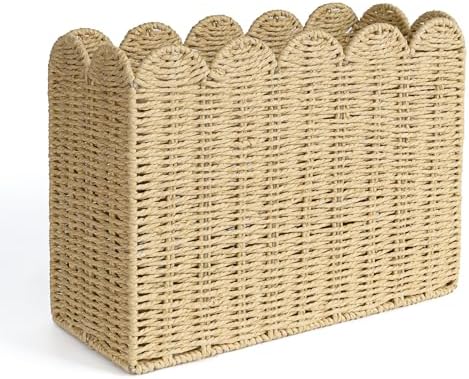 AELS Woven Natural Fibre Magazine Holder, Scalloped Edge Floor Magazine Rack, Hand-woven Organizer, Boho Modern Farmhouse Book Basket, File Newspaper Mail Holder for Office by AELS