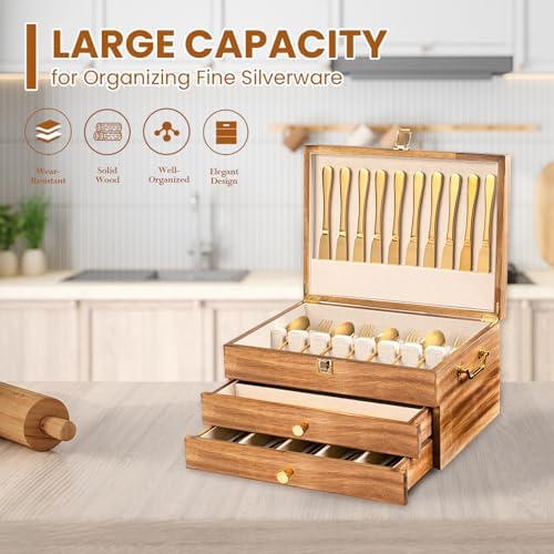 Silverware Storage Box, 3-Layer Flatware Storage Case with Drawer, Wooden Silverware Chest with Handle and Linen Liner, Rustic Silverware Case for Storing Fine Flatware and Utensils (Brown) - Image 5