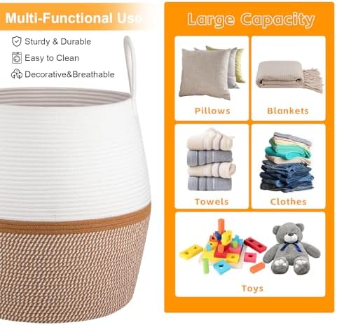 OIAHOMY 80L Blanket Basket with Handle, Storage Basket for Living Room, Laundry Hamper for Clothes, Towels, Pillows, Toy Storage for Kids and Dogs, Baby Hamper for Nursery - Brown & White - Image 5