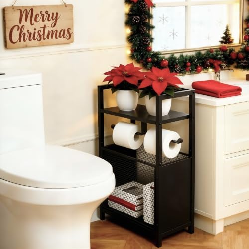 Toilet Paper Holder Stand Black, Freestanding Toilet Paper Holder, Toilet Paper Holder Standing for Bathroom Tissue Holder Roll Holder, Magazines, Wipes - Image 4