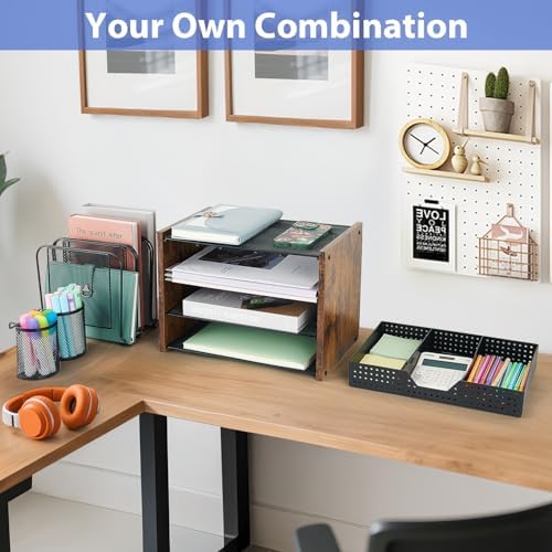 AUPSEN Desk Organizer with 5 Vertical File Holders, Storage Drawer & 2 Pen Holders, 5 Trays Paper Letter Tray Organizer, Mesh Desk Organizers and Accessories for Home Office (Vintage wood) - Image 5