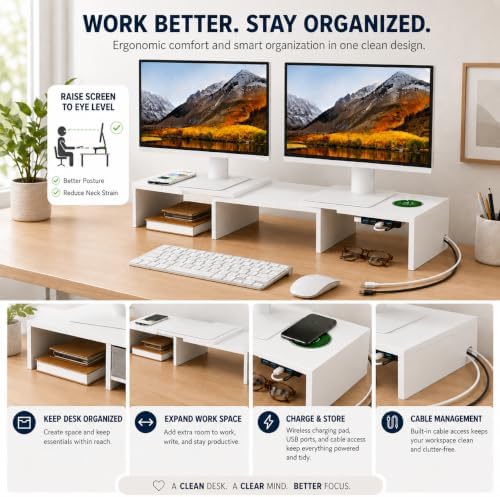 LAPTAIN Dual Monitor Stand Riser with Drawer, Adjustable Desk Organizer - Image 5