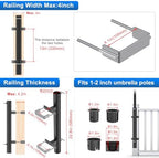BeneLabel Patio Umbrella Holder for Deck Railing No Drill Deck Umbrella Clamp Mount Fits 1"-2" Umbrella Poles Space Saving Design Umbrella Holder for Deck Balcony Garden Poolside Railing - Image 3