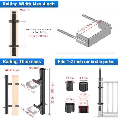 BeneLabel Patio Umbrella Holder for Deck Railing No Drill Deck Umbrella Clamp Mount Fits 1"-2" Umbrella Poles Space Saving Design Umbrella Holder for Deck Balcony Garden Poolside Railing - Image 3