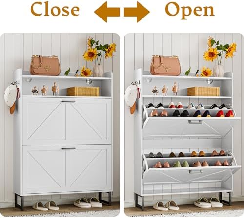 Wodeer White Shoe Storage Cabinet with 2 Flip Drawers, Narrow Wood Shoe Cabinet Storage for Entryway with Metal Legs & Hooks, Adjustable Shelves, Freestanding Shoe Rack Organizer for Foyer, Hallway - Image 5