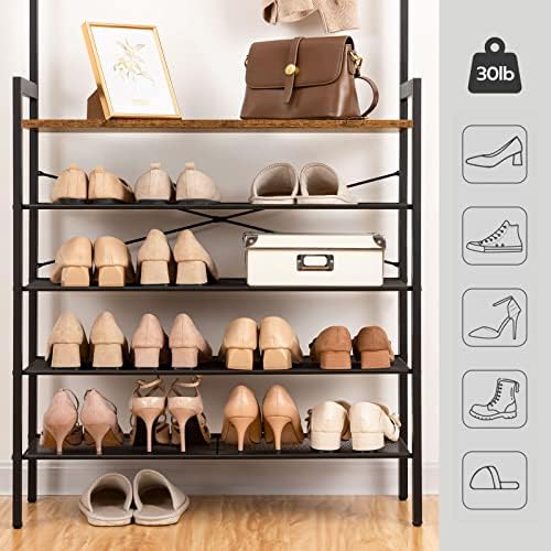 HOOBRO Hall Tree with Bench, Coat Rack with Shoe Storage, Shoe and Coat Rack, 5-Tier Entryway Shoe Storage, 5 Hooks, for 12-16 Pairs, Industrial, Hallway, Foyer, Mudroom, Rustic Brown BF74MT01 - Image 5
