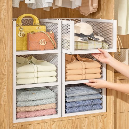 3 Pack Stackable Closet Organizers and Storage Basket, Wire Closet Shelf Organizer Storage Bins, Pull-Out Sweatshirt Organizer for Wardrobe Cupboard, Space-Saving Cube Clothes Storage Drawer, White by DAOUTIME