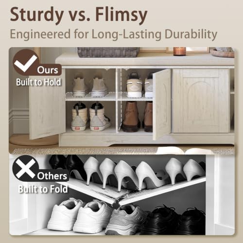 DINZI LVJ Shoe Storage Bench with Cushion, Door, Rustic White 47.2"LX17.7"H - Image 4