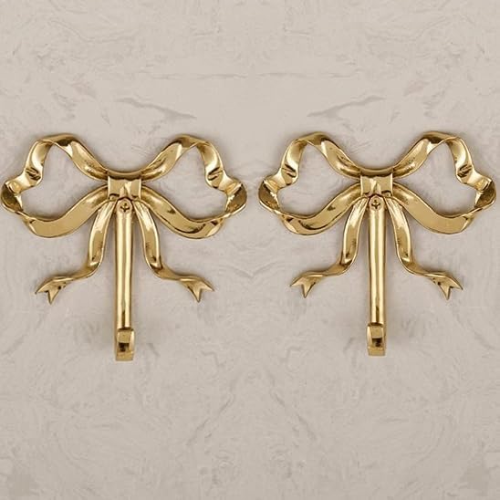 Bow Wall Hooks Brass (2 Pcs) Christmas Wall Decor Gold Hooks Door Hanger Towel Multi-Purpose Hooks for Hanging for Bathroom Living Room Kitchen Decor Christmas Birthday Gift (L) by QIIODATD